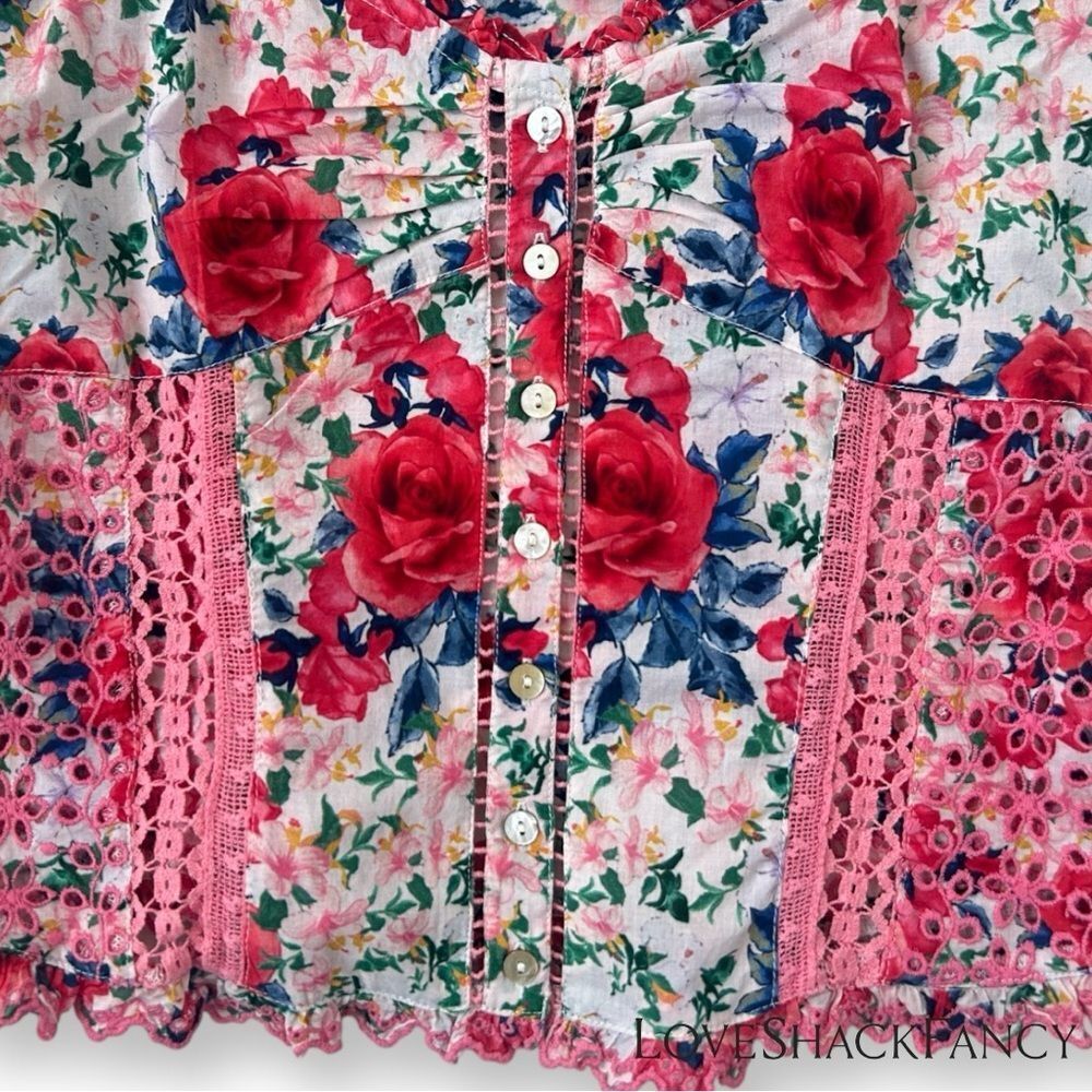 LoveShackFancy **NWT** Bryant Ruffle Trim Button Front Top in Rush of Red Floral - Picture 15 of 16